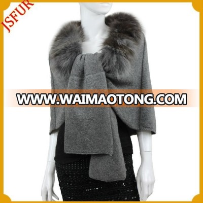 New fashion grey women knitted cashmere and fox fur trim cape